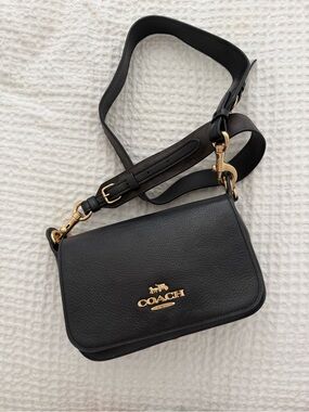 Coach Black Pebbled Leather Crossbody with Gold Logo and Strap Hardware